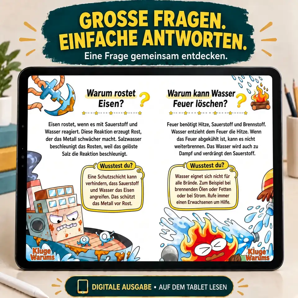 Warum rostet Eisen? und Warum kann Wasser Feuer löschen? auf einem Tablet